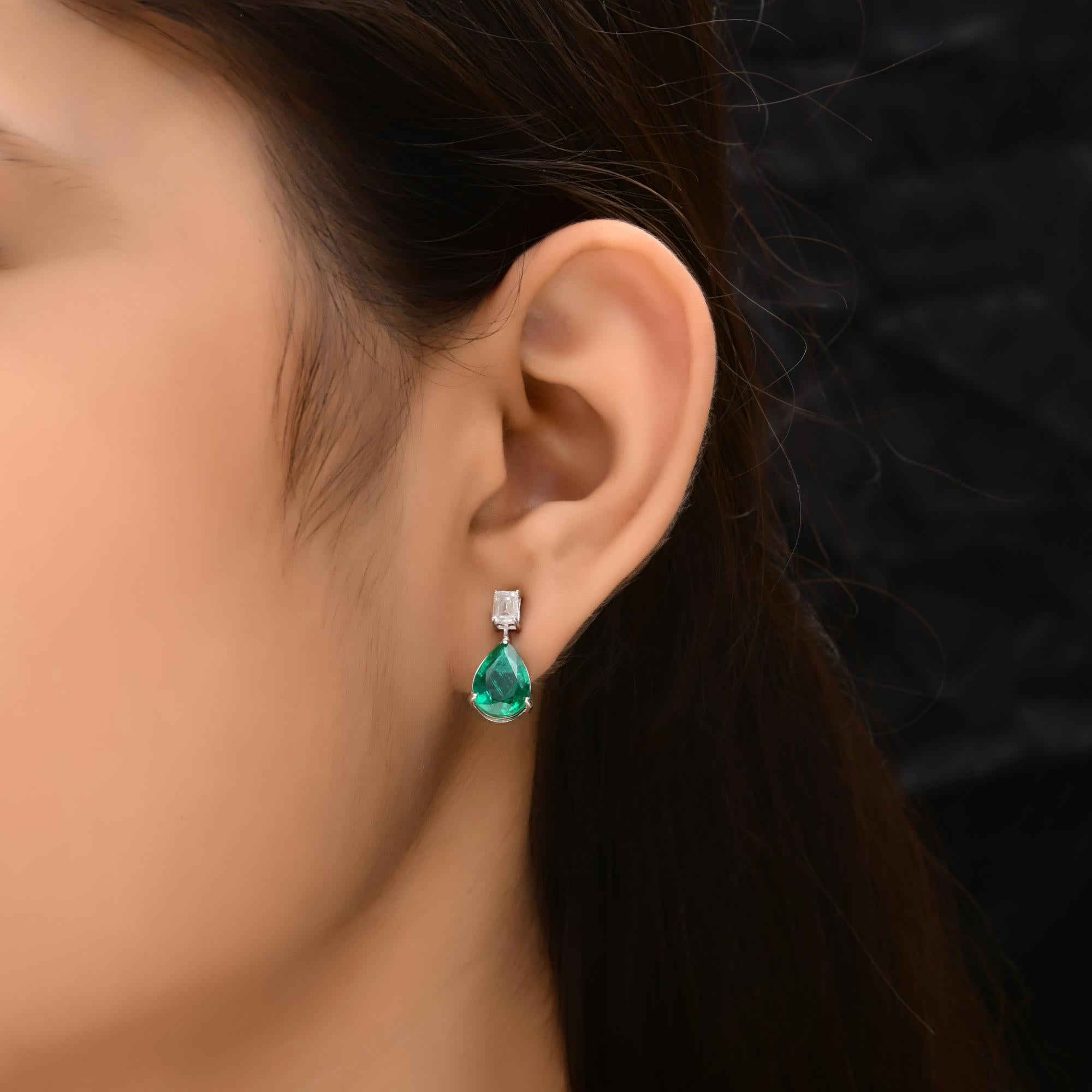 Taille poire Boucles d'oreilles en émeraude de Zambie Diamant taille émeraude Bijoux en or blanc 14k en vente