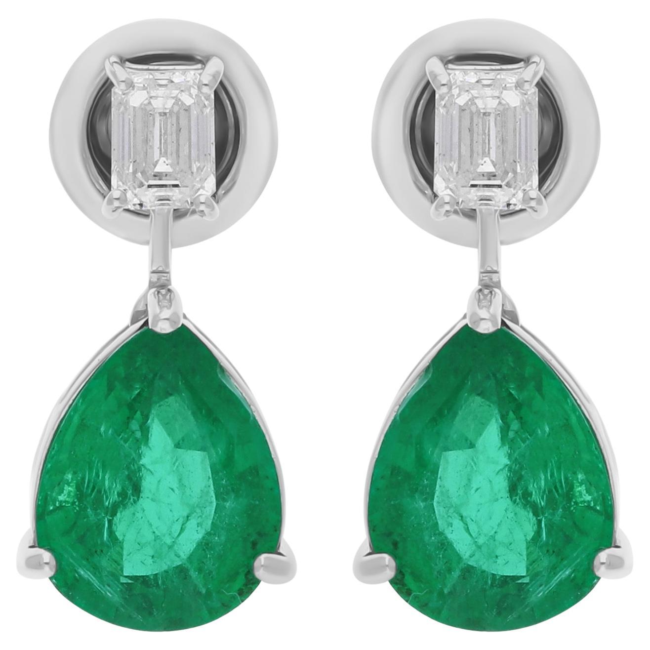 Zambian Emerald Gemstone Earrings Emerald Cut Diamond 14k White Gold Jewelry
