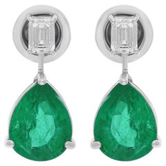 Zambian Emerald Gemstone Earrings Emerald Cut Diamond 14k White Gold Jewelry