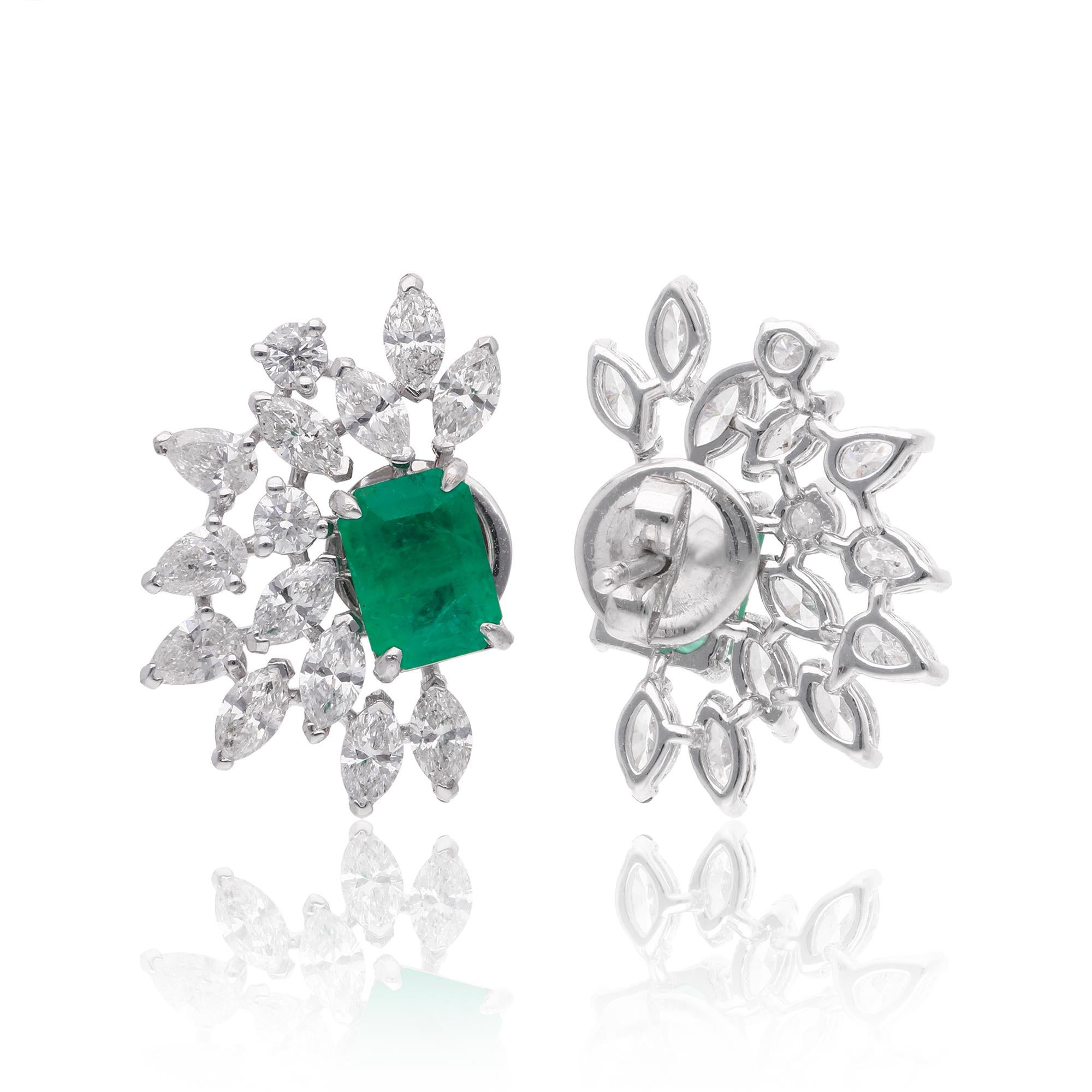 Emerald Cut Zambian Emerald Gemstone Earrings Marquise Diamond 14 Karat White Gold Jewelry For Sale