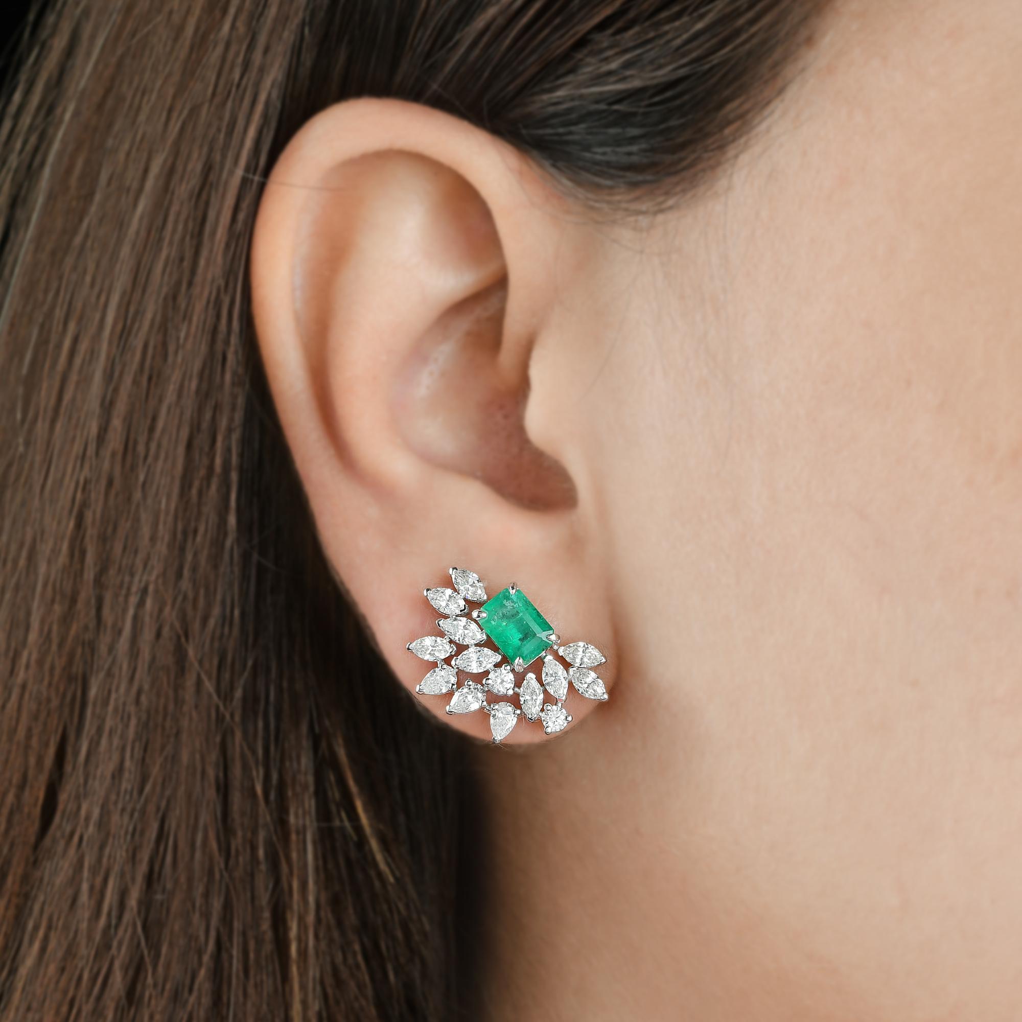 Modern Zambian Emerald Gemstone Earrings Marquise Diamond 18 Karat White Gold Jewelry For Sale
