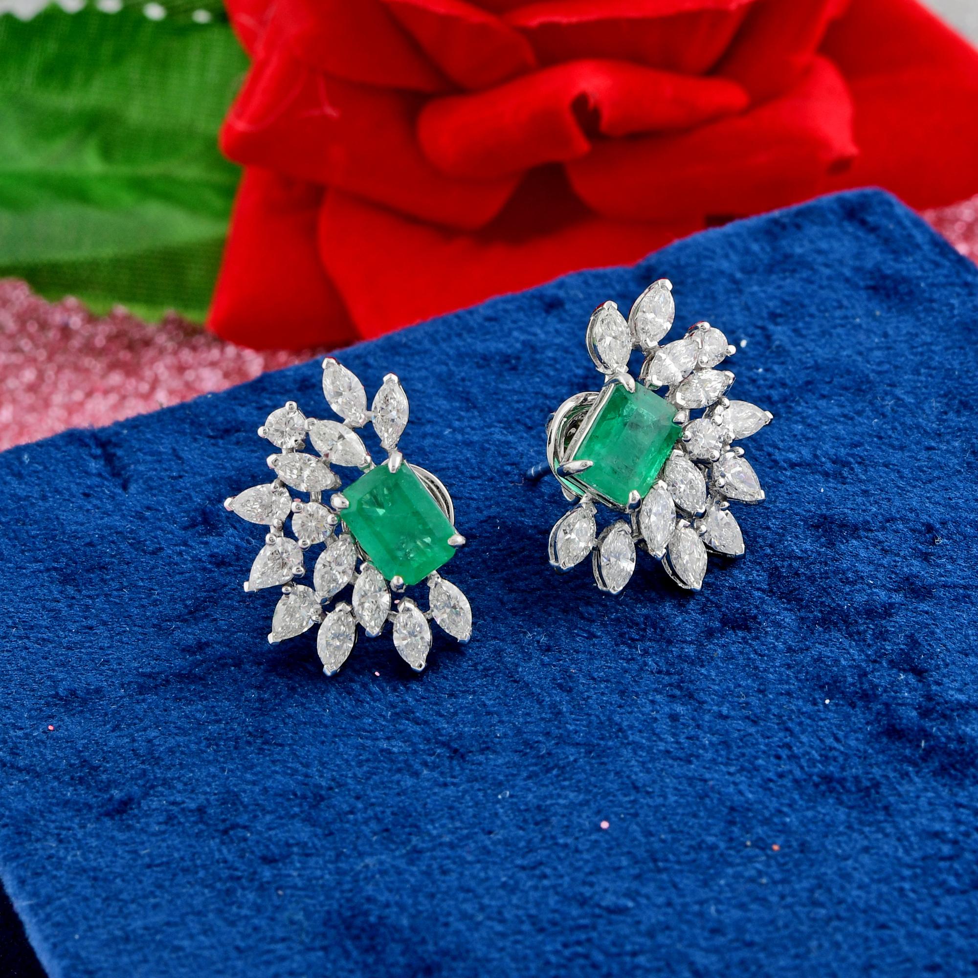 Emerald Cut Zambian Emerald Gemstone Earrings Marquise Diamond 18 Karat White Gold Jewelry For Sale