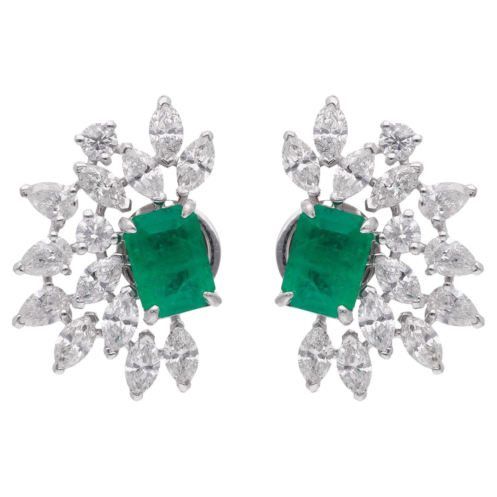 Zambian Emerald Gemstone Earrings Marquise Diamond 18 Karat White Gold Jewelry For Sale