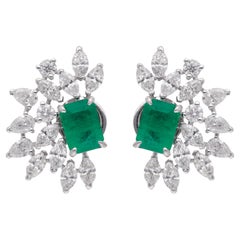 Zambian Emerald Gemstone Earrings Marquise Diamond 18 Karat White Gold Jewelry