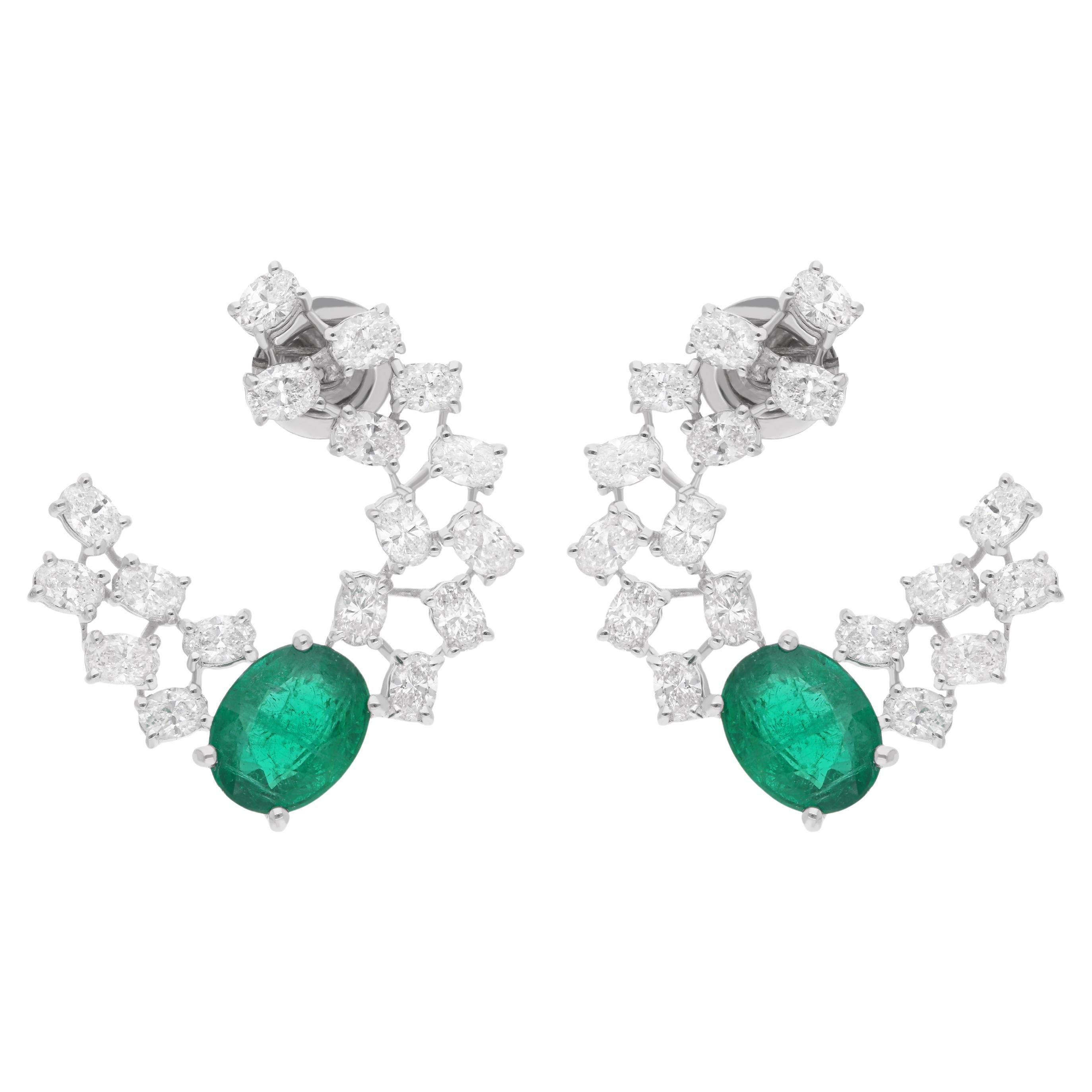 Zambian Emerald Gemstone Earrings Oval Diamond 18 Karat White Gold Fine Jewelry For Sale