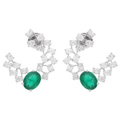 Zambian Emerald Gemstone Earrings Oval Diamond 18 Karat White Gold Fine Jewelry