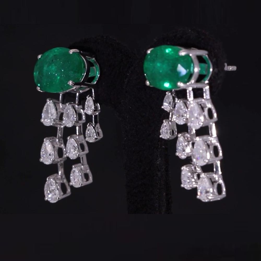 Women's Natural Emerald Gemstone Earrings Pear Diamond 18 Karat White Gold Fine Jewelry For Sale