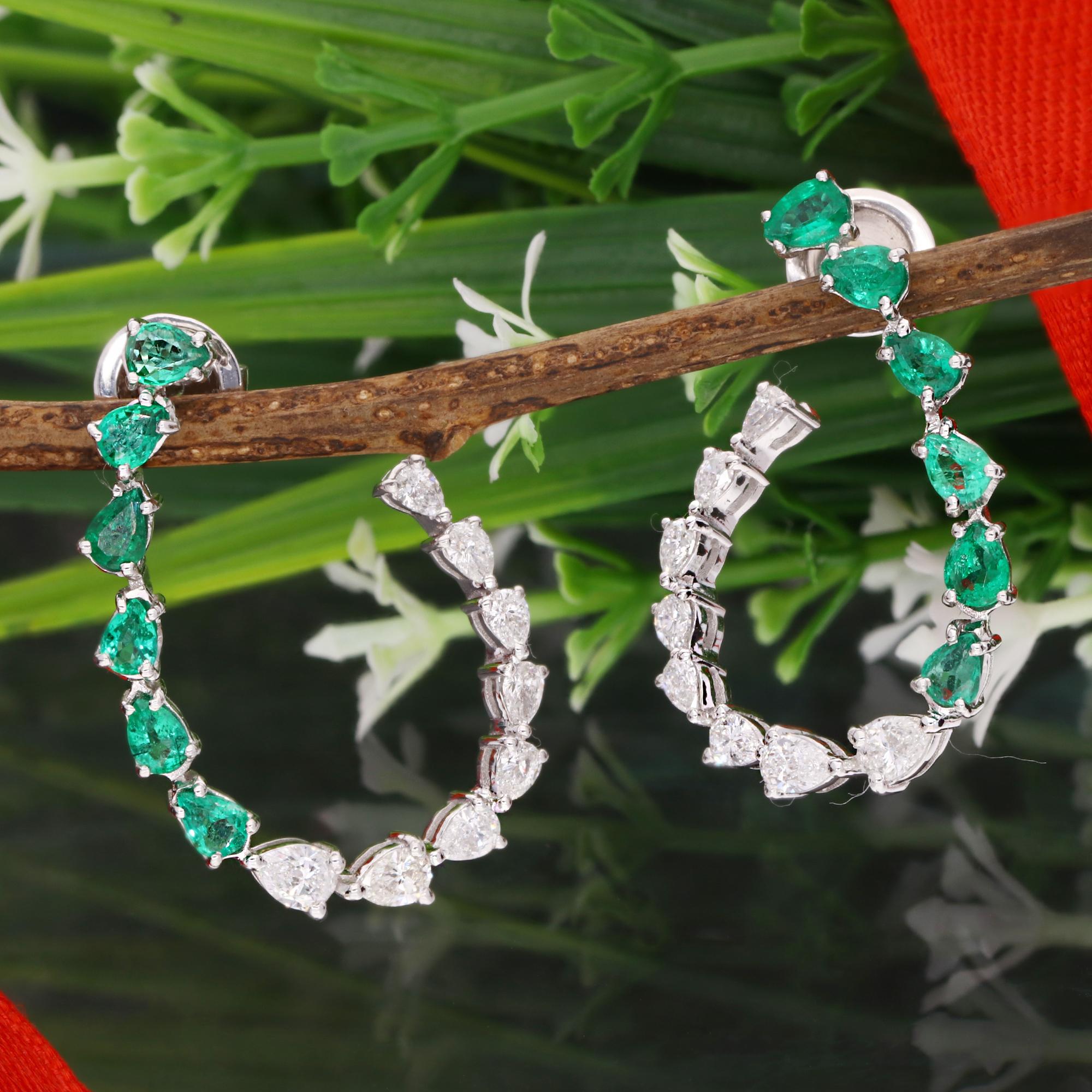 Pear Cut Natural Emerald Gemstone Earrings Pear Diamond 18 Karat White Gold Fine Jewelry For Sale