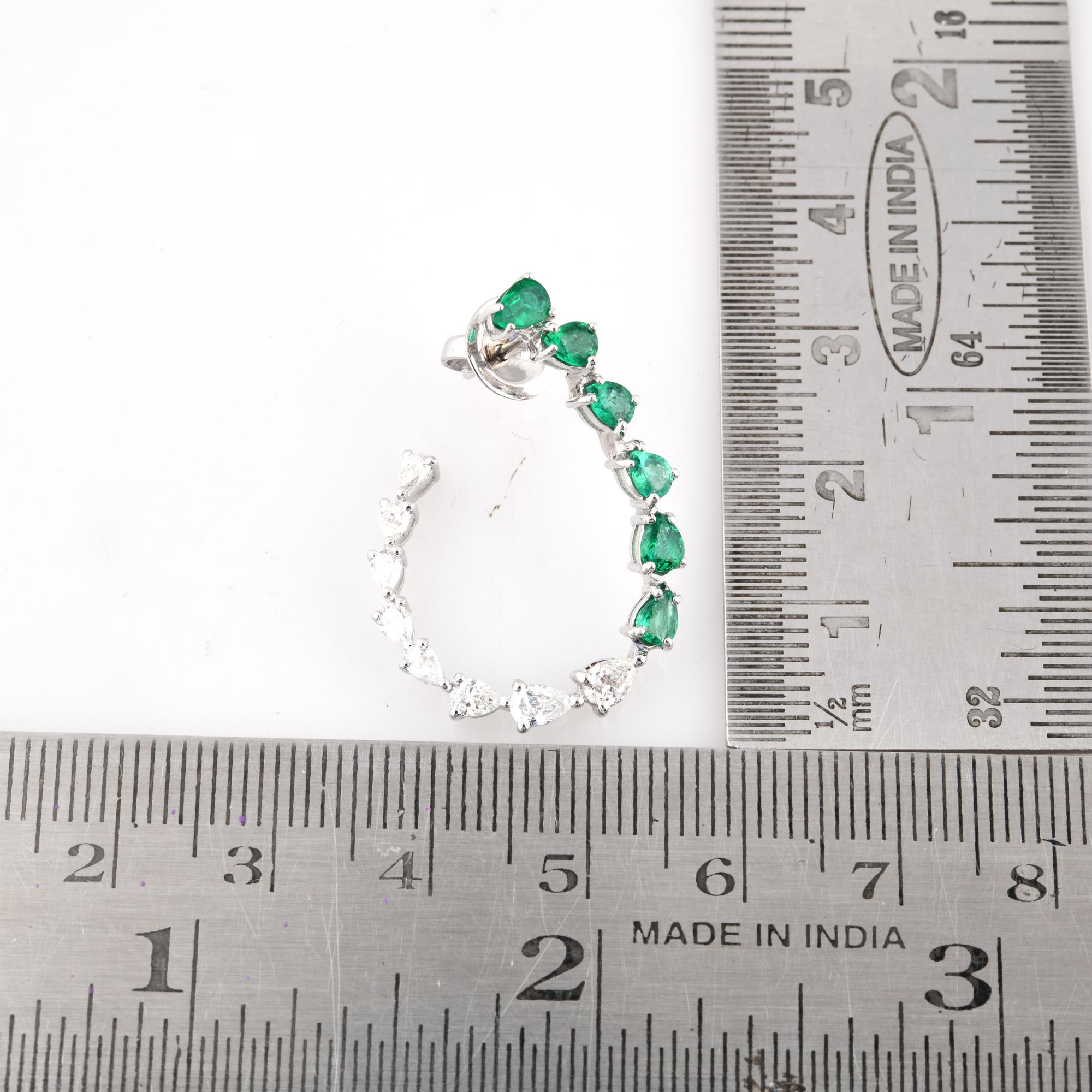 Women's Natural Emerald Gemstone Earrings Pear Diamond 18 Karat White Gold Fine Jewelry For Sale