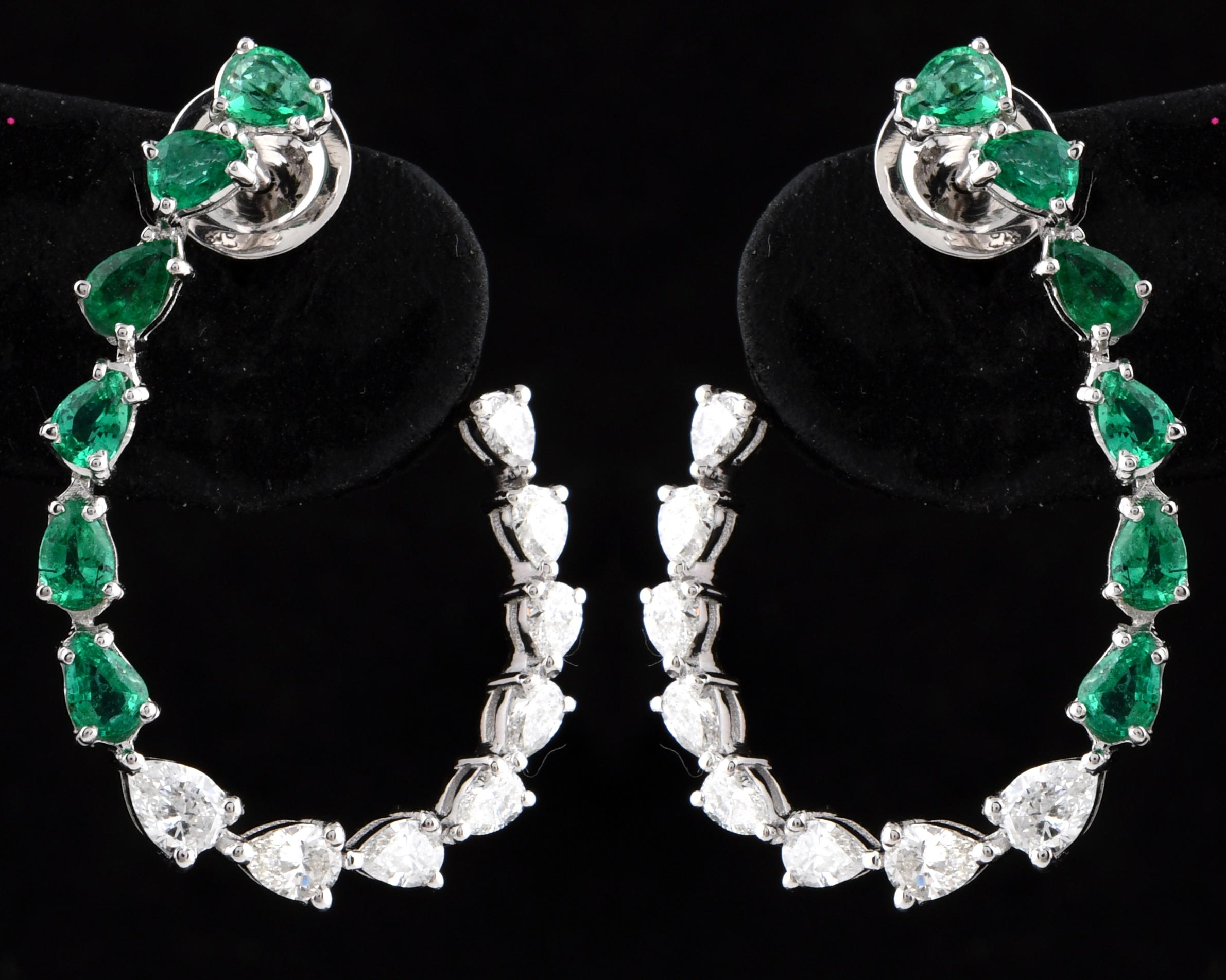 Natural Emerald Gemstone Earrings Pear Diamond 18 Karat White Gold Fine Jewelry For Sale 1