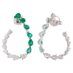 Natural Emerald Gemstone Earrings Pear Diamond 18 Karat White Gold Fine Jewelry
