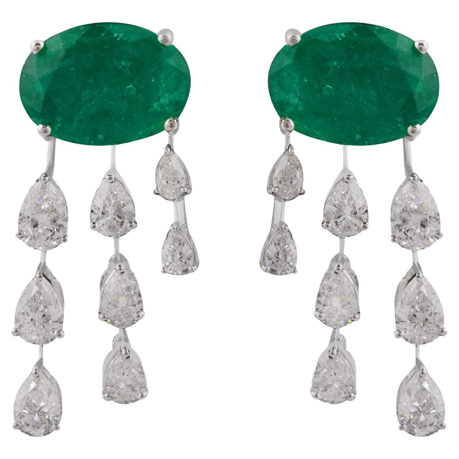Natural Emerald Gemstone Earrings Pear Diamond 18 Karat White Gold Fine Jewelry For Sale