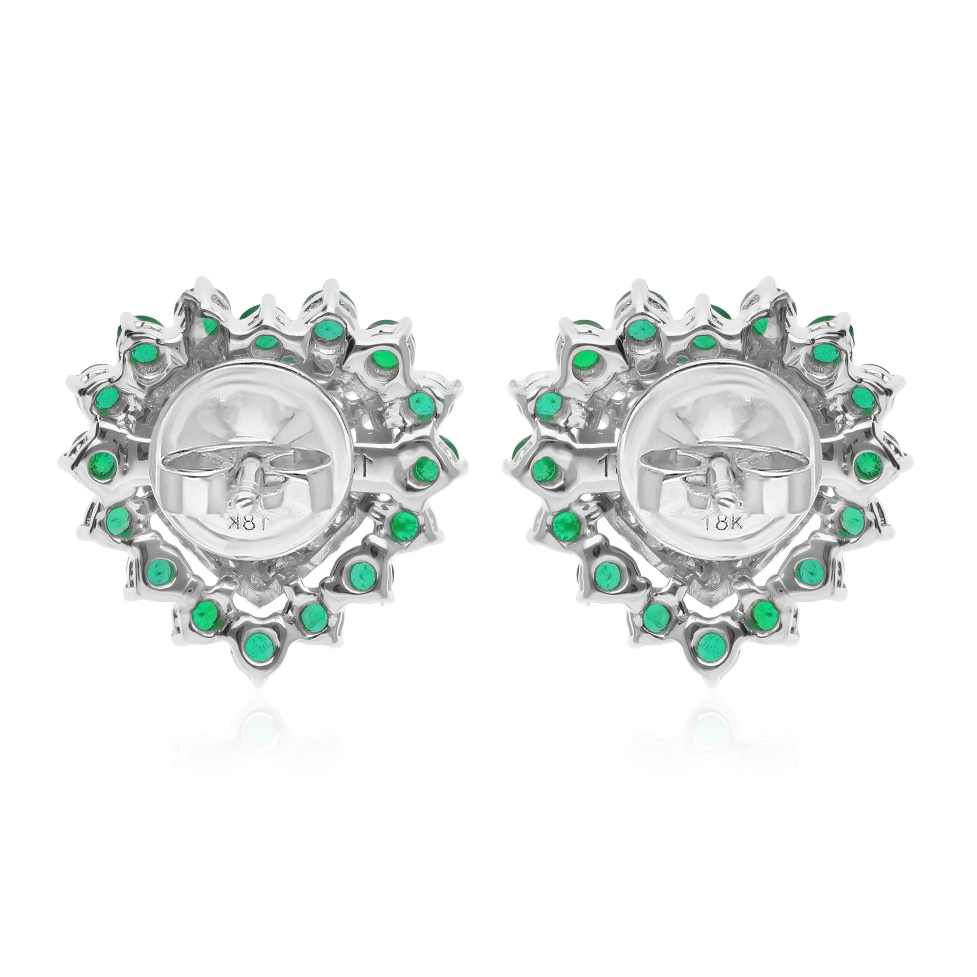 Taglio rotondo Orecchini con gemma di smeraldo dello Zambia SI/H Diamond Gioielli in oro bianco 18 carati in vendita