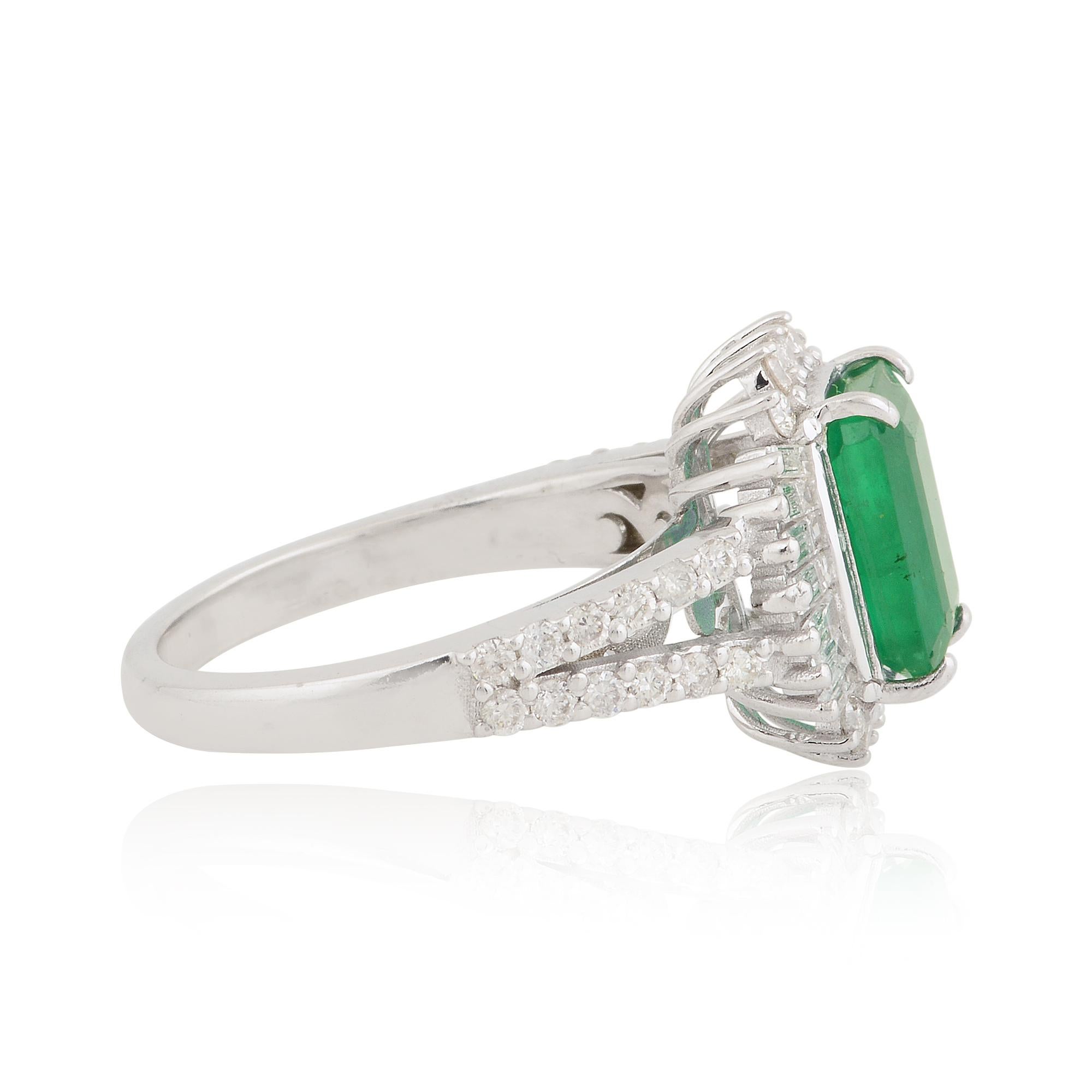 Modern Natural Emerald Gemstone Fine Cocktail Ring Baguette Diamond 10 Karat White Gold For Sale