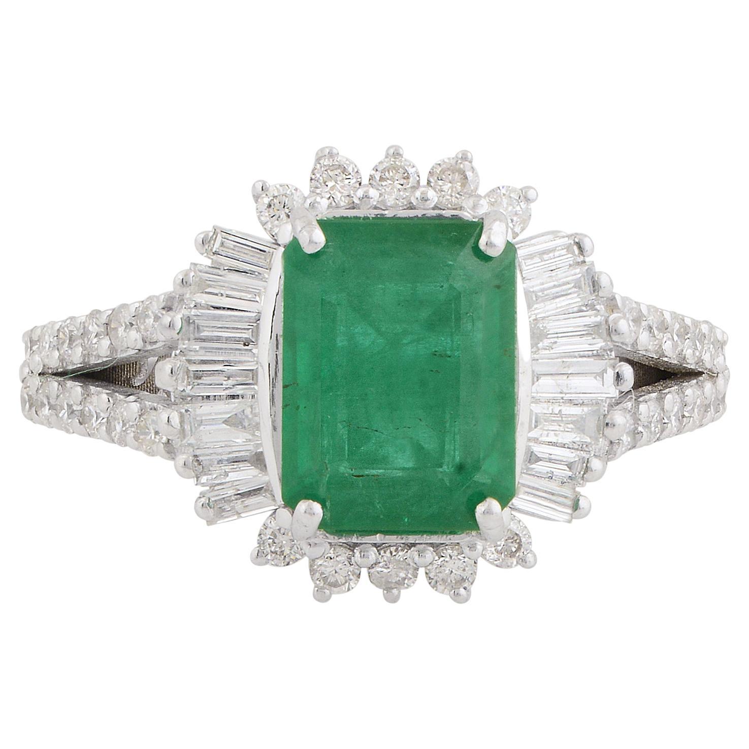 Natural Emerald Gemstone Fine Cocktail Ring Baguette Diamond 10 Karat White Gold For Sale