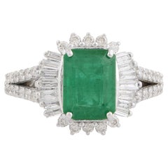 Natural Emerald Gemstone Fine Cocktail Ring Baguette Diamond 10 Karat White Gold