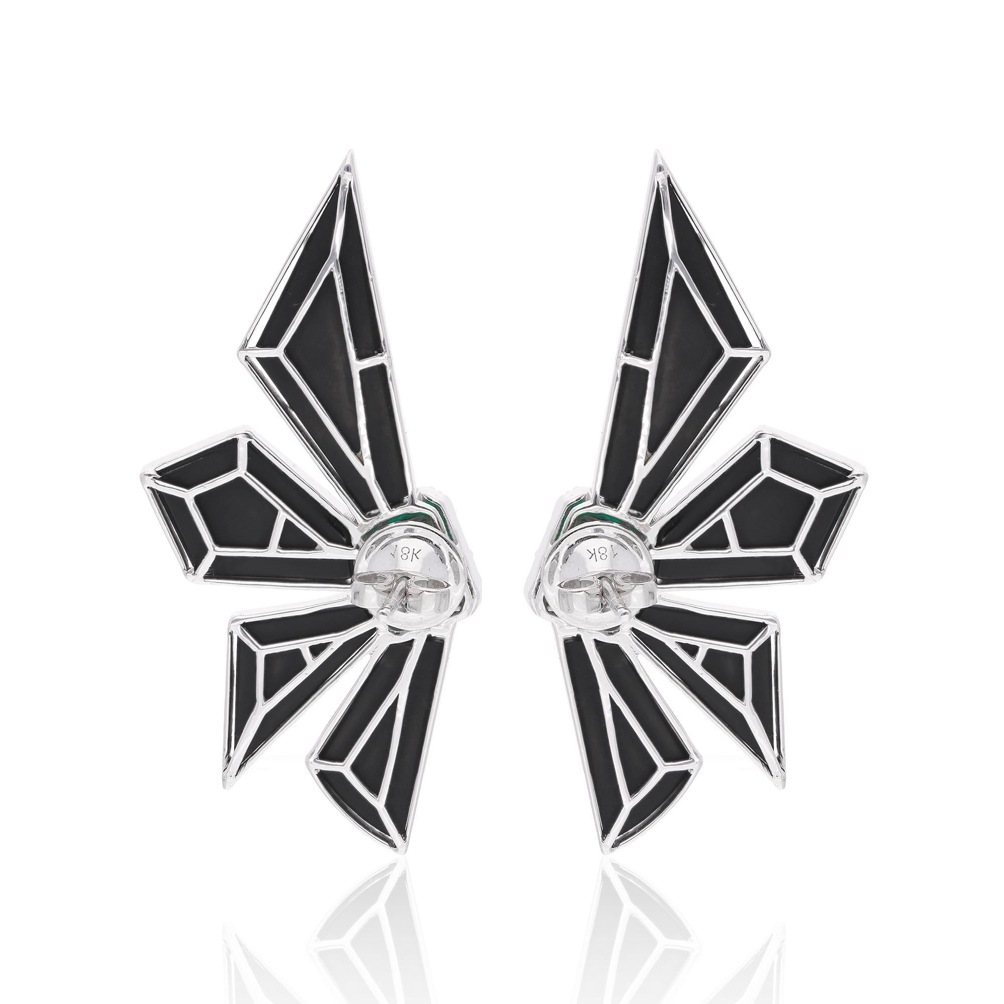 Modern Zambian Emerald Black Onyx Designer Earrings Diamond Pave 18 Karat White Gold