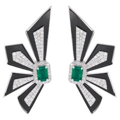 Zambian Emerald Black Onyx Designer Earrings Diamond Pave 18 Karat White Gold