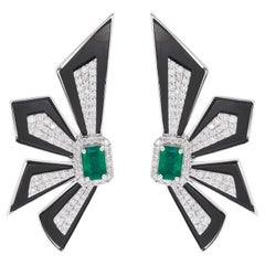 Zambianischer Smaragd Schwarzer Onyx Designer-Ohrringe Diamant Pave 18 Karat Weißgold