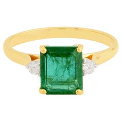 Zambian Emerald Gemstone Fine Ring SI Clarity HI Color Diamond 14k Yellow Gold