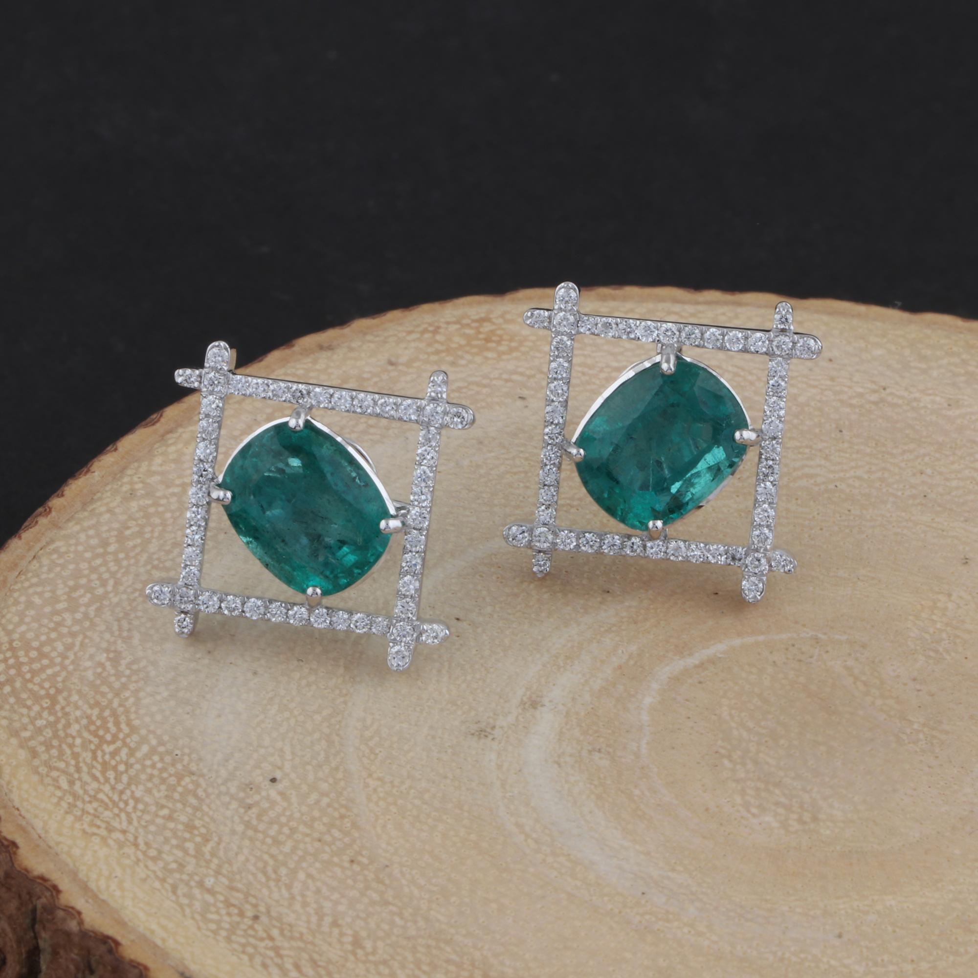 Modern Zambian Emerald Gemstone Fine Square Stud Earrings Diamond 18 Karat White Gold For Sale