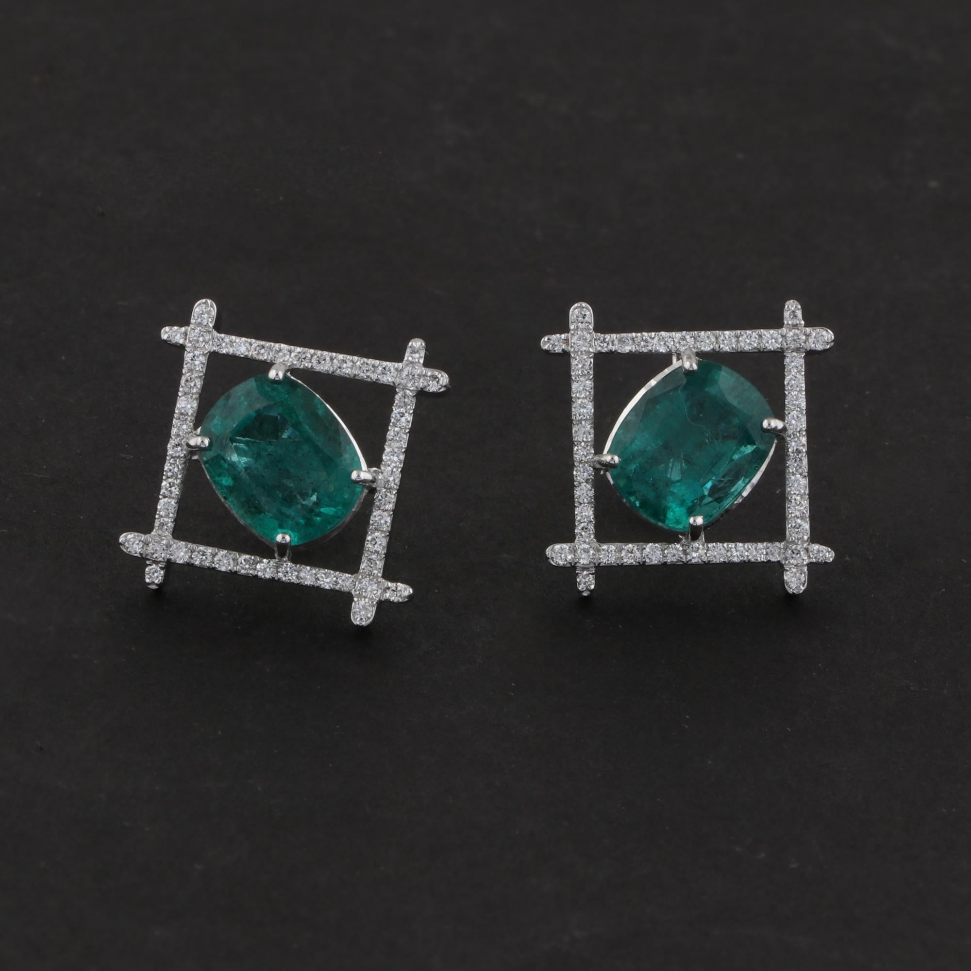 Cushion Cut Zambian Emerald Gemstone Fine Square Stud Earrings Diamond 18 Karat White Gold For Sale