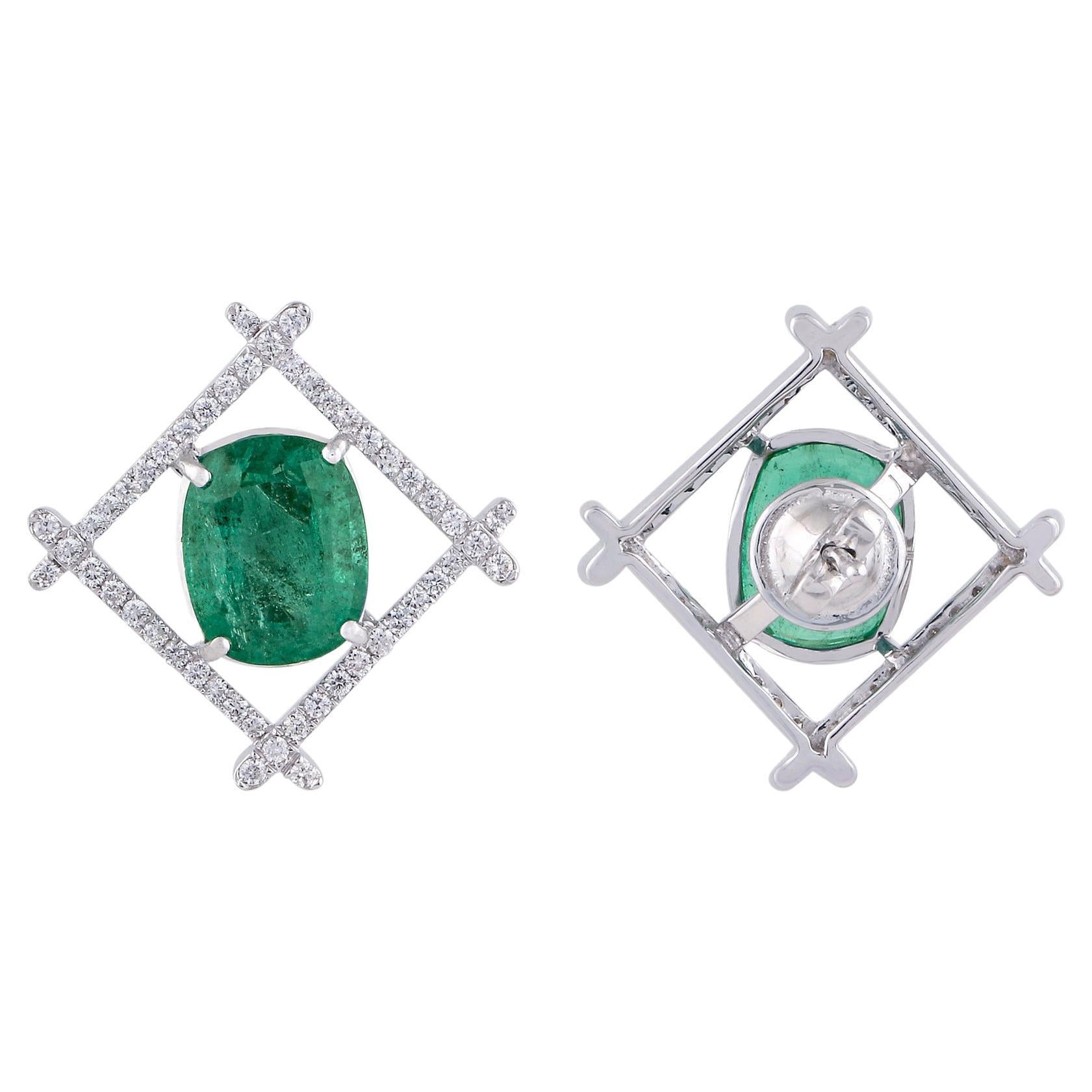 Zambian Emerald Gemstone Fine Square Stud Earrings Diamond 18 Karat White Gold For Sale