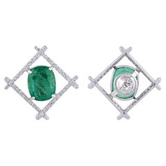 Zambian Emerald Gemstone Fine Square Stud Earrings Diamond 18 Karat White Gold