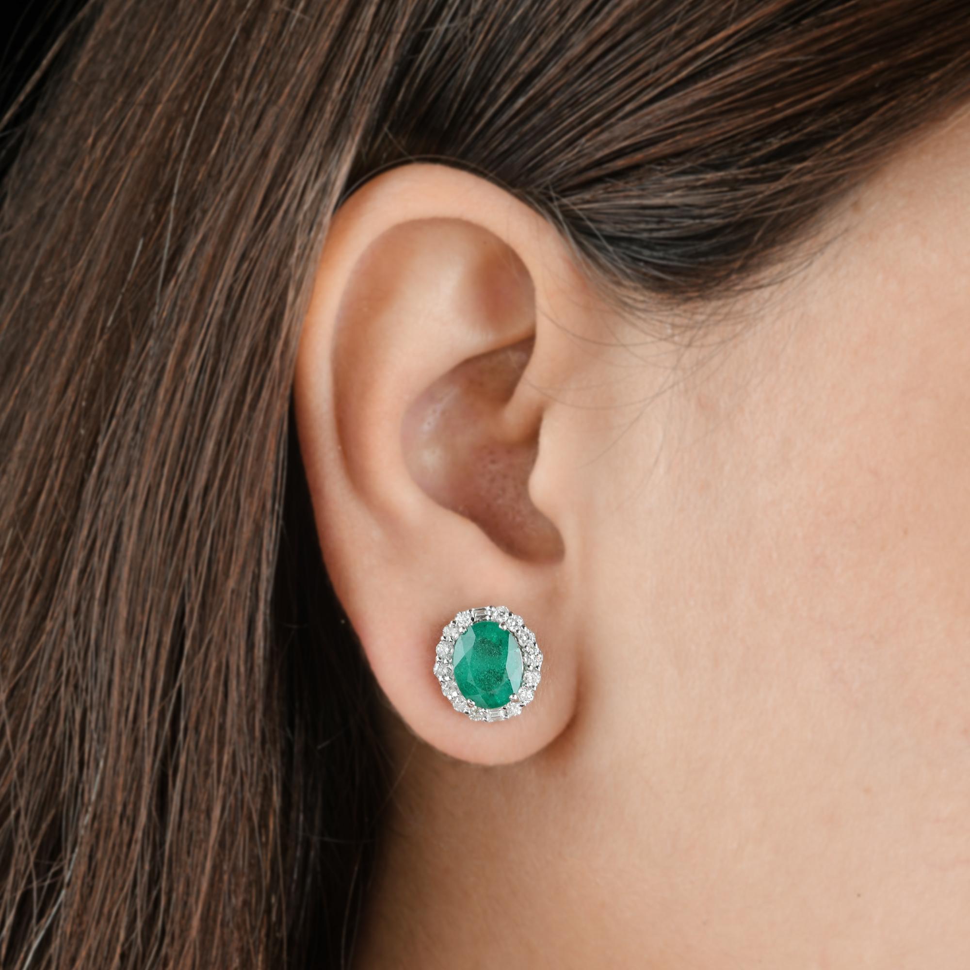 Modern Zambian Emerald Gemstone Fine Stud Earrings Baguette Diamond 14 Karat White Gold For Sale