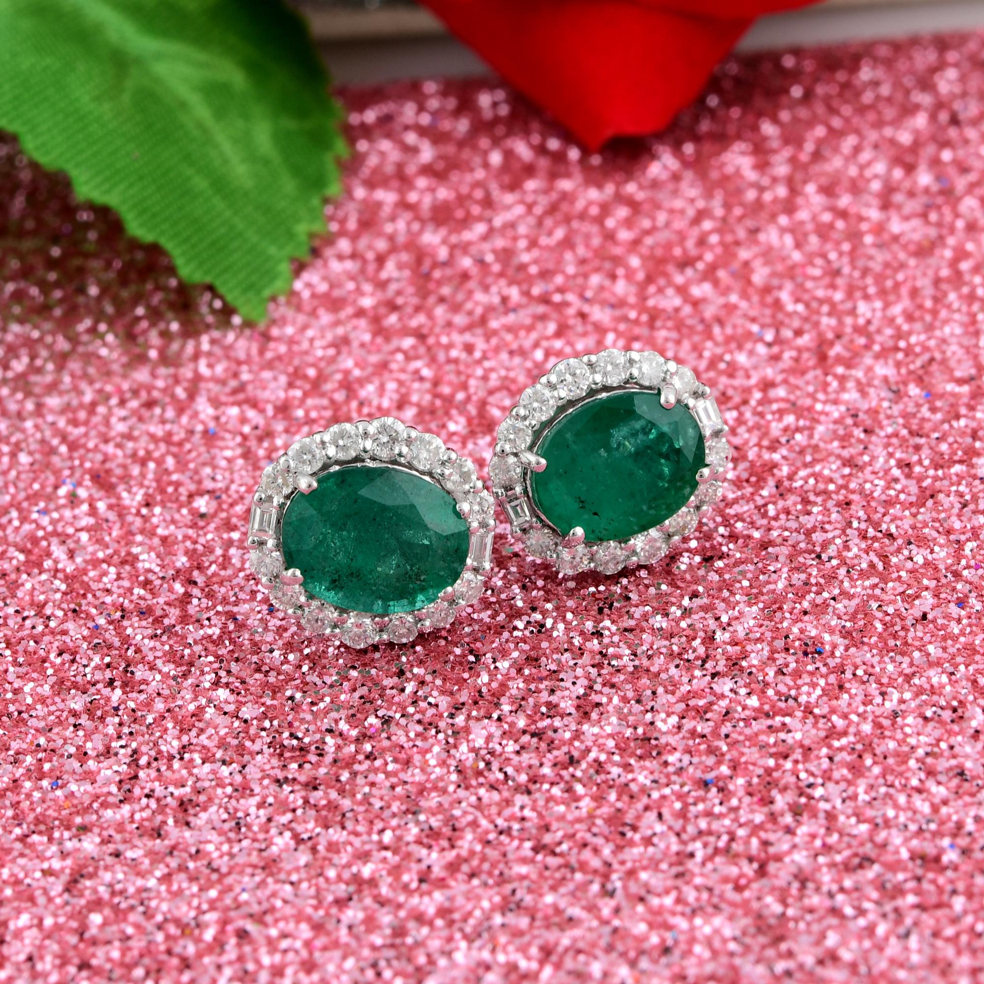 Emerald Cut Zambian Emerald Gemstone Fine Stud Earrings Baguette Diamond 14 Karat White Gold For Sale