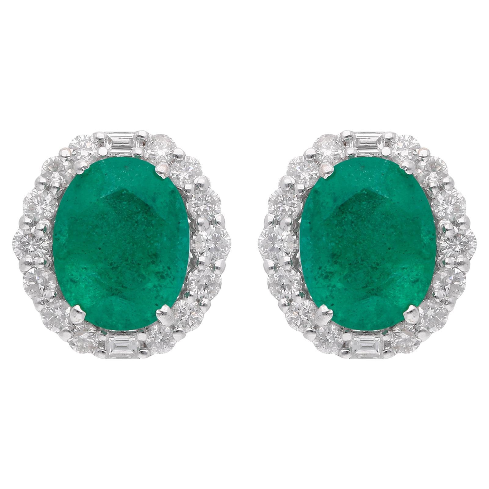 Zambian Emerald Gemstone Fine Stud Earrings Baguette Diamond 14 Karat White Gold For Sale