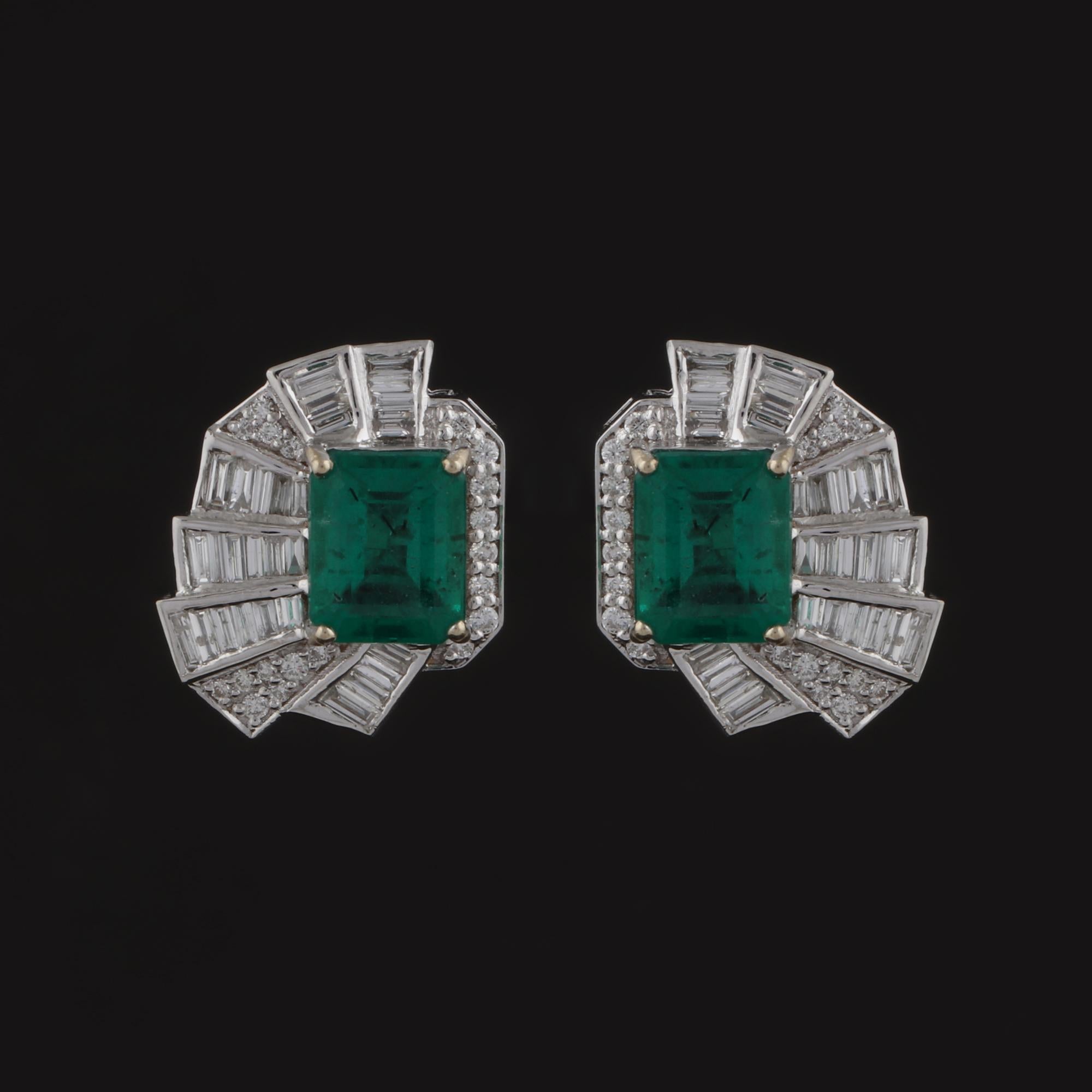 Emerald Cut Natural Emerald Gemstone Fine Stud Earrings Baguette Diamond 18 Karat White Gold For Sale