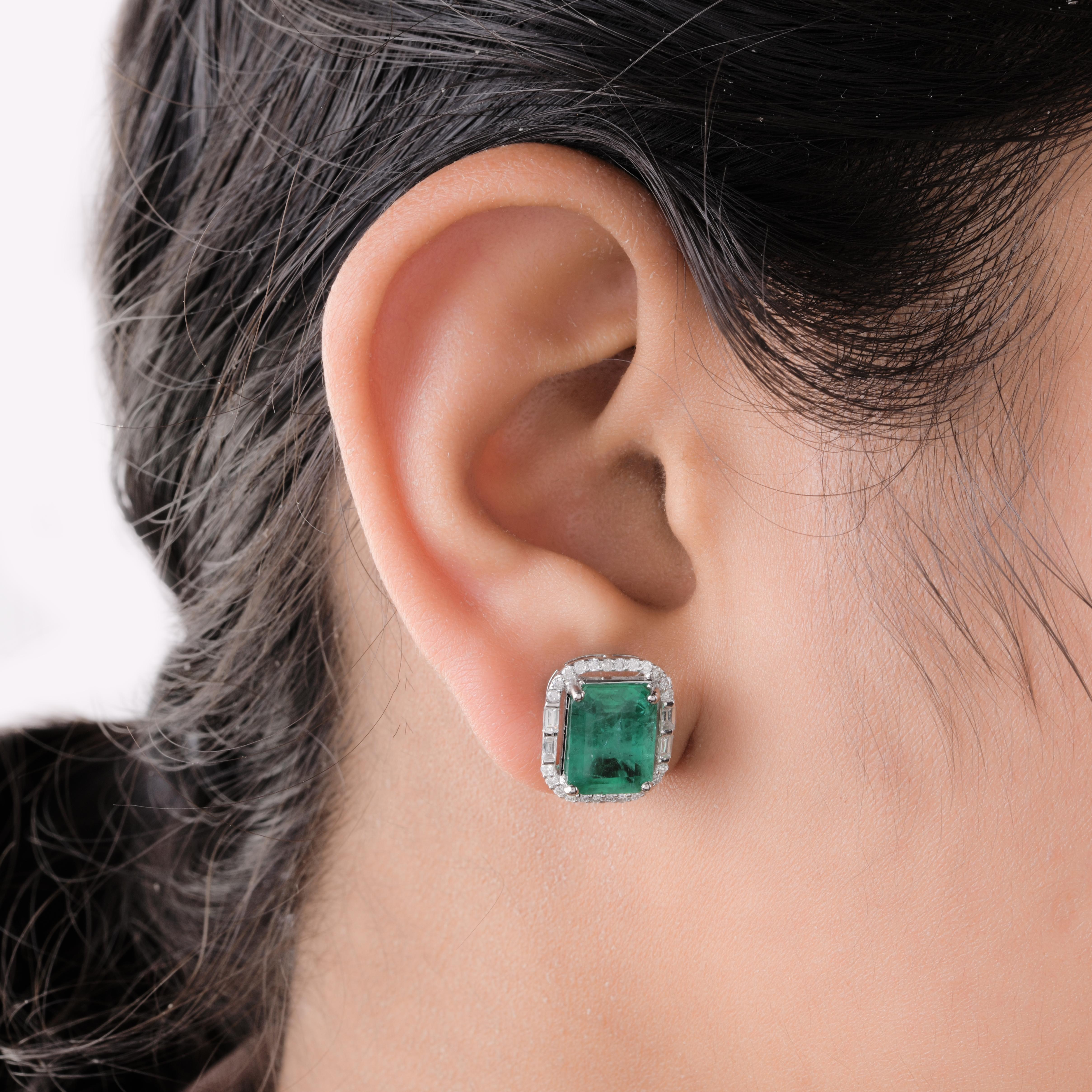 Emerald Cut Zambian Emerald Gemstone Fine Stud Earrings Baguette Diamond 18 Karat White Gold For Sale