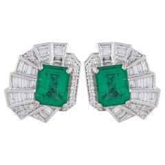 Natural Emerald Gemstone Fine Stud Earrings Baguette Diamond 18 Karat White Gold