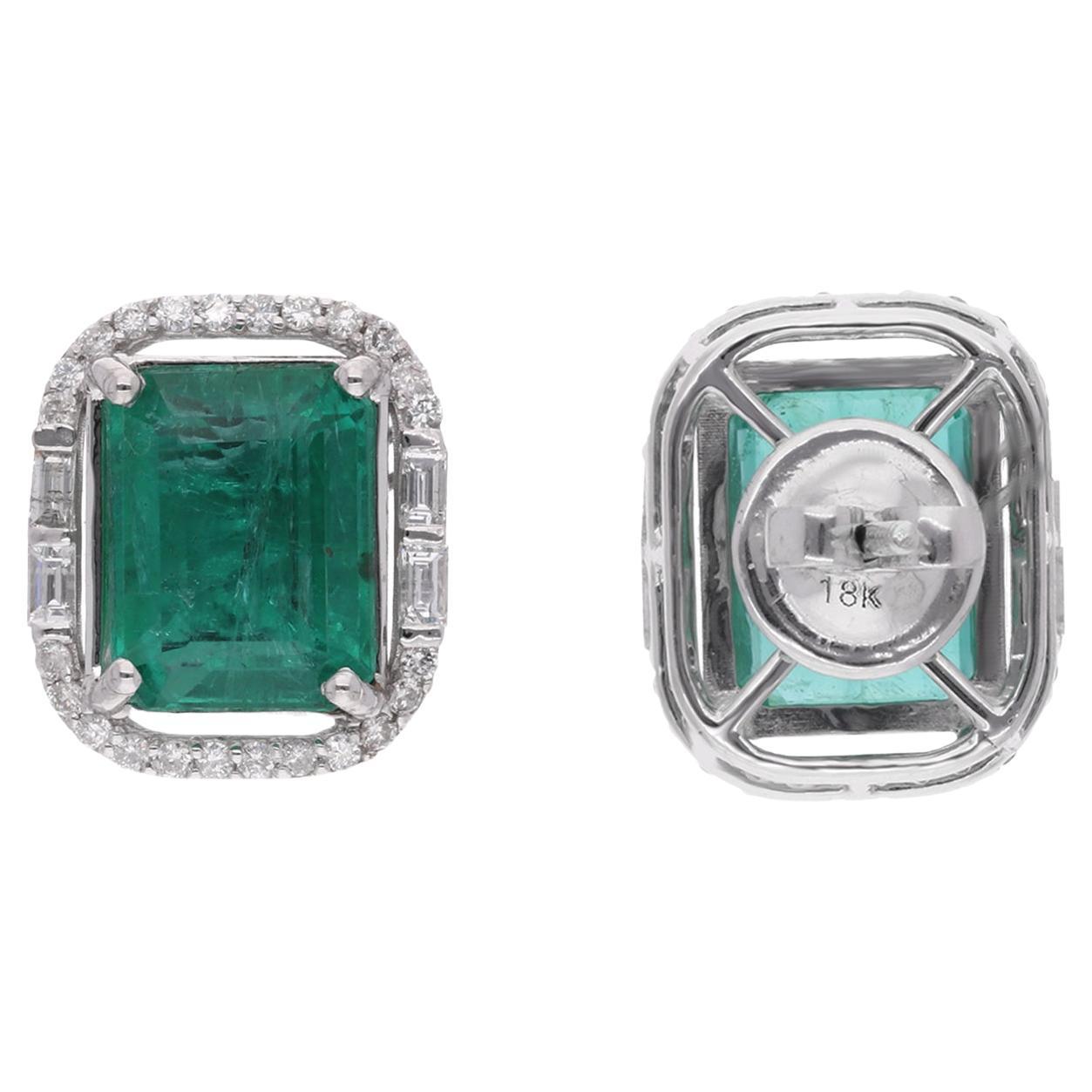 Zambian Emerald Gemstone Fine Stud Earrings Baguette Diamond 18 Karat White Gold For Sale