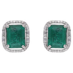 Zambian Emerald Gemstone Fine Stud Earrings Baguette Diamond 18 Karat White Gold