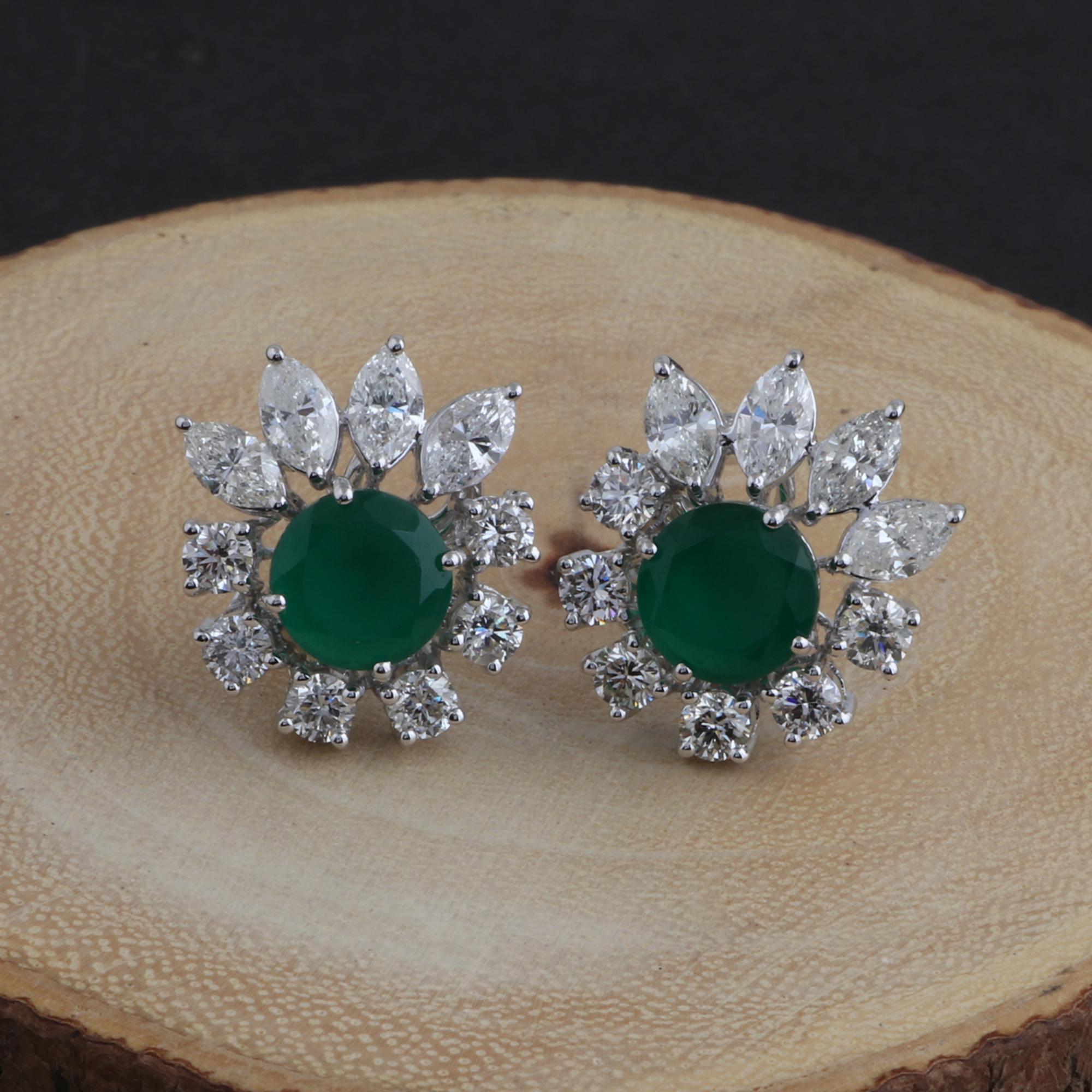 Modern Natural Emerald Gemstone Fine Stud Earrings Marquise Diamond 18 Karat White Gold For Sale