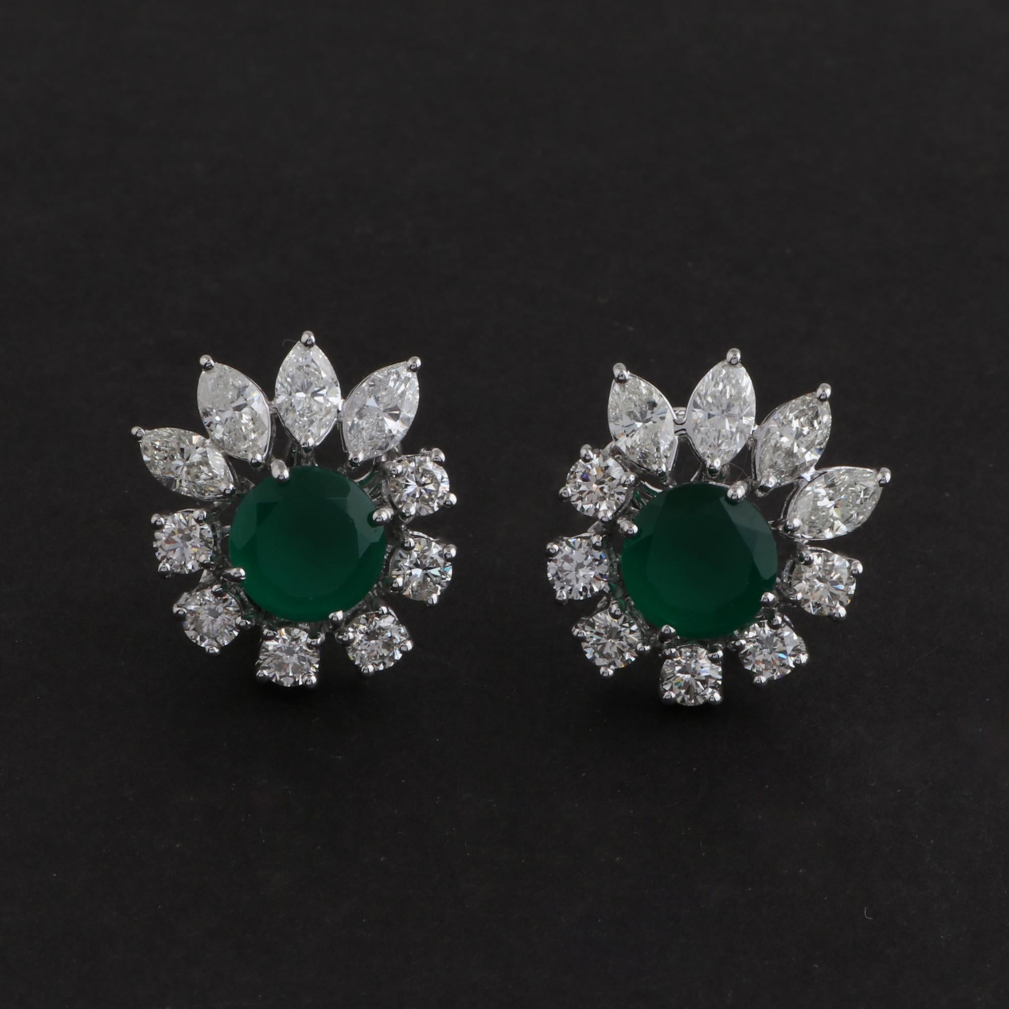 Marquise Cut Natural Emerald Gemstone Fine Stud Earrings Marquise Diamond 18 Karat White Gold For Sale