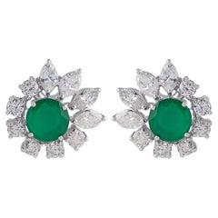 Natural Emerald Gemstone Fine Stud Earrings Marquise Diamond 18 Karat White Gold