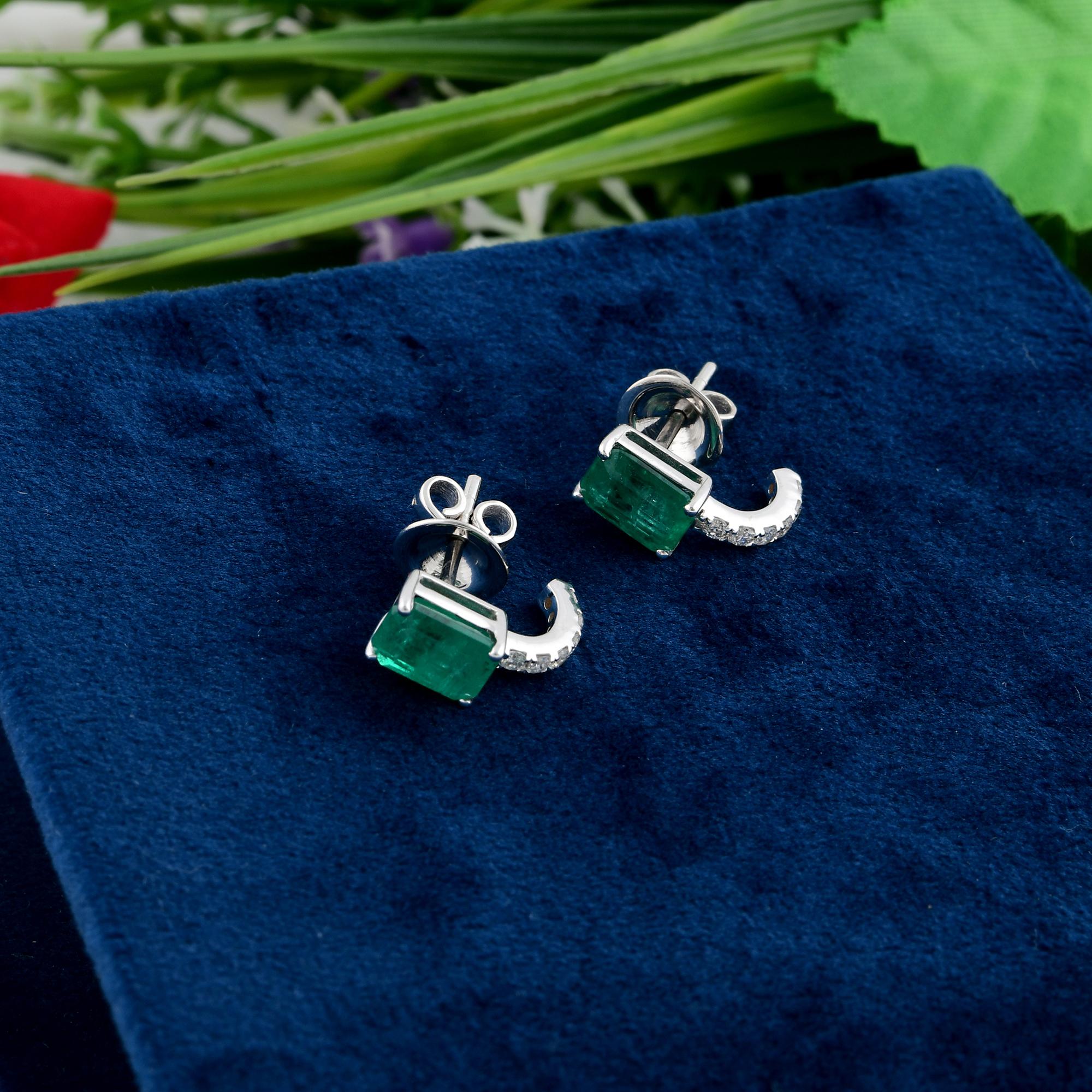 Modern Natural Emerald Gemstone Half Hoop Earrings Diamond 18 Karat White Gold Jewelry For Sale
