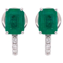 Natural Emerald Gemstone Half Hoop Earrings Diamond 18 Karat White Gold Jewelry