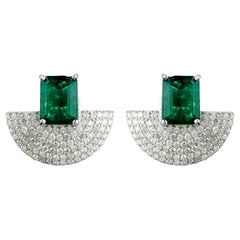 Spectrum Jewels Natural Emerald Hand Fan Stud Earrings Diamond 18kt White Gold