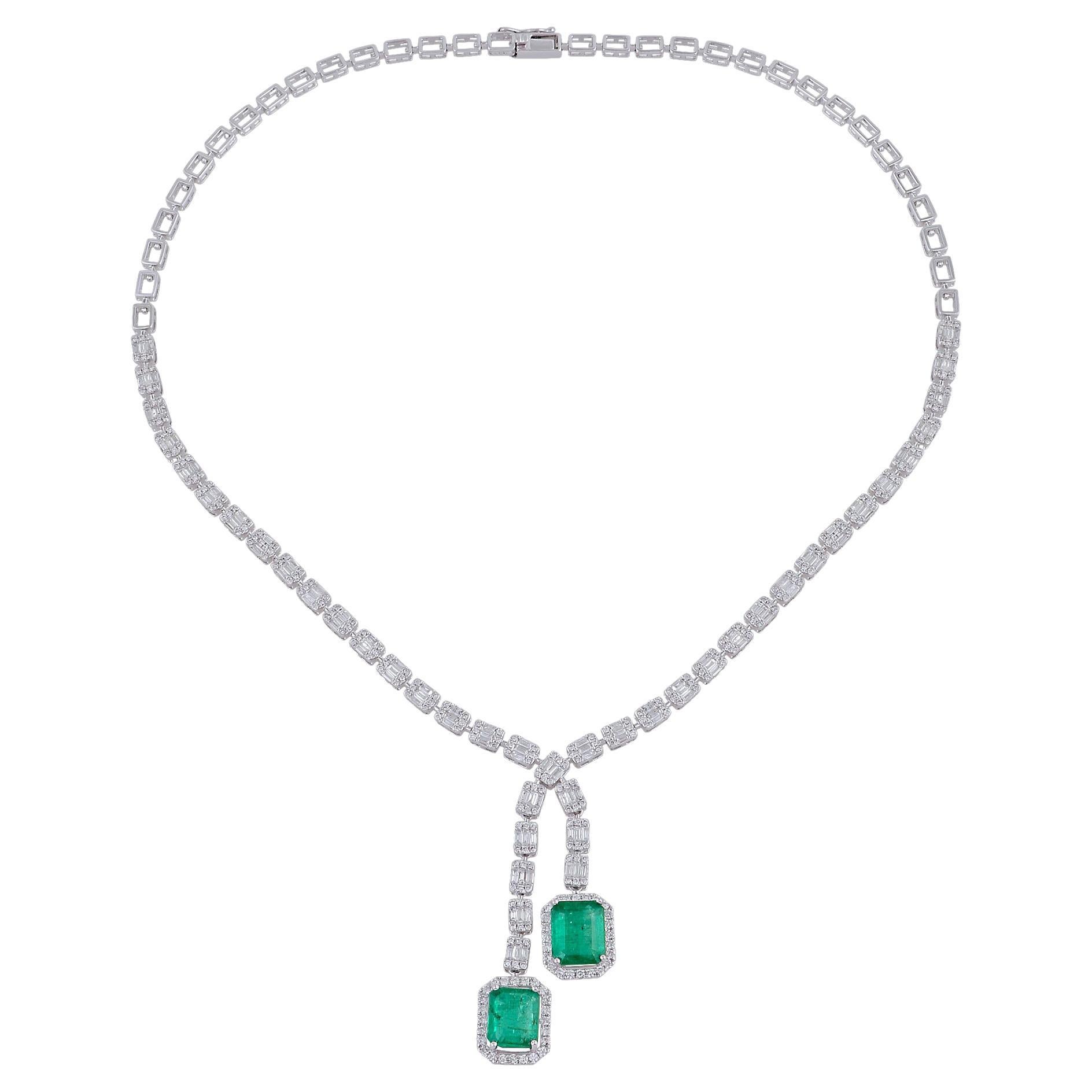 Natural Emerald Gemstone Lariat Necklace Diamond 18 Karat White Gold Jewelry