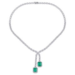 Natural Emerald Gemstone Lariat Necklace Diamond 18 Karat White Gold Jewelry