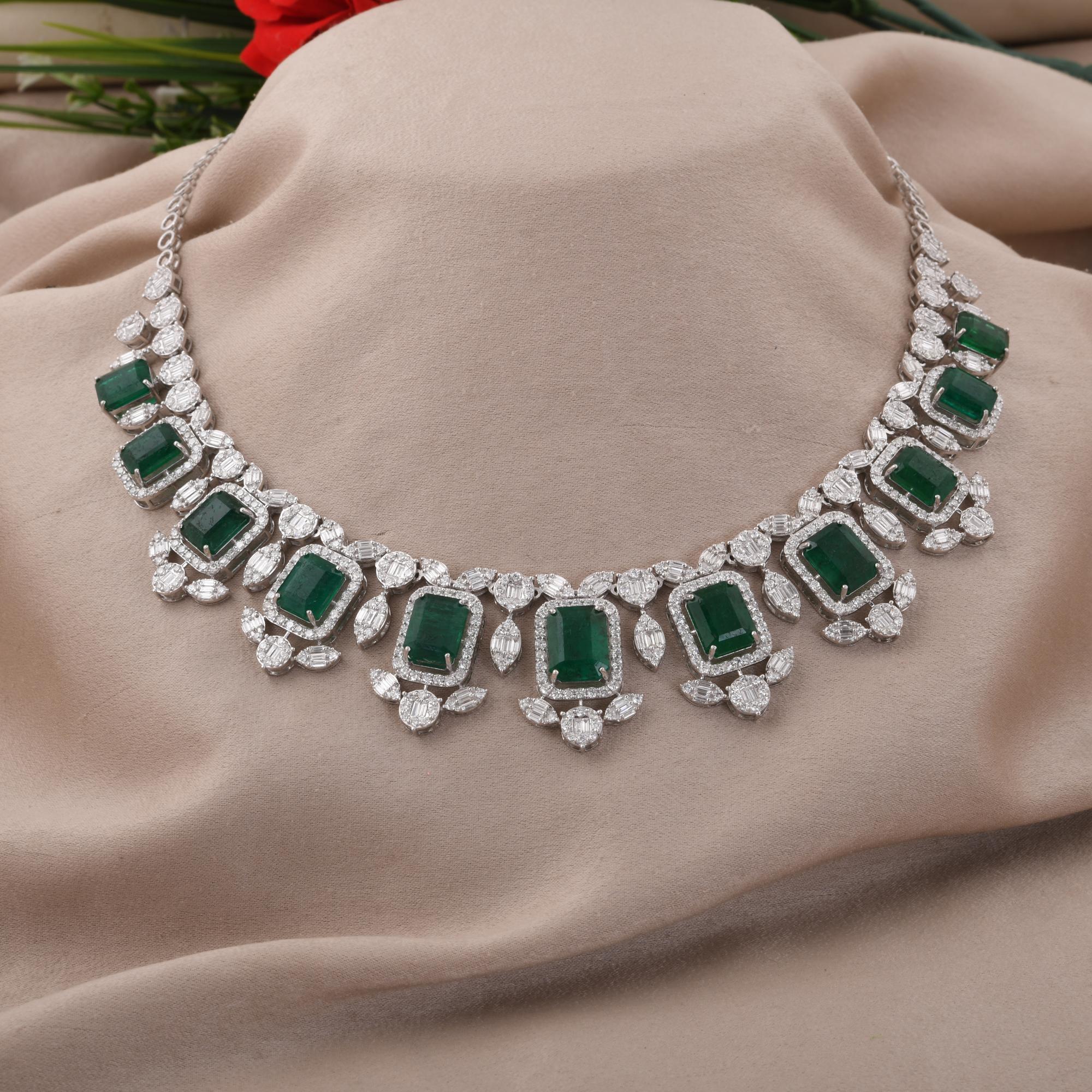 Baguette Cut Zambian Emerald Gemstone Necklace Baguette Diamond 14 Karat White Gold Jewelry For Sale