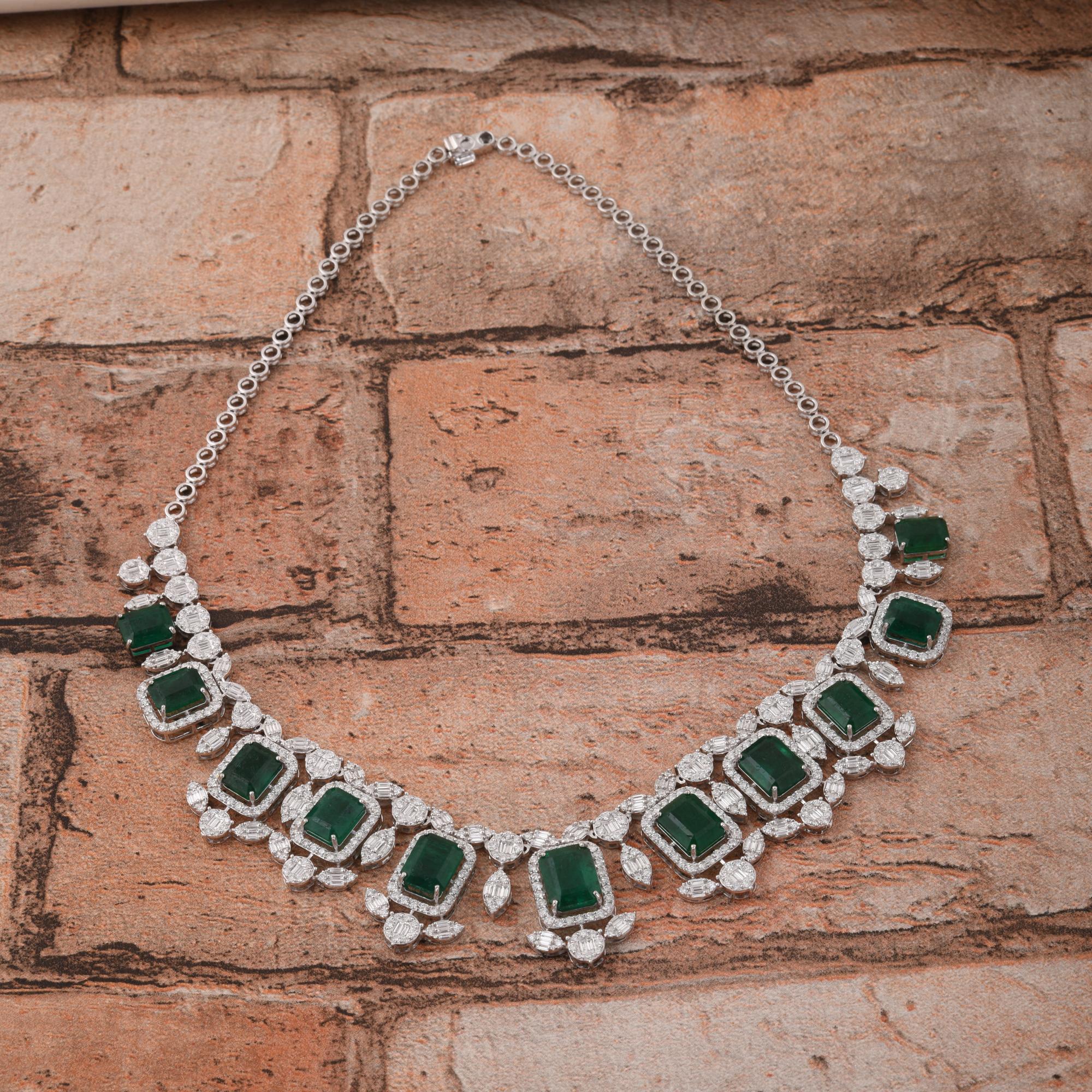 Modern Zambian Emerald Gemstone Necklace Baguette Diamond 18 Karat White Gold Jewelry For Sale