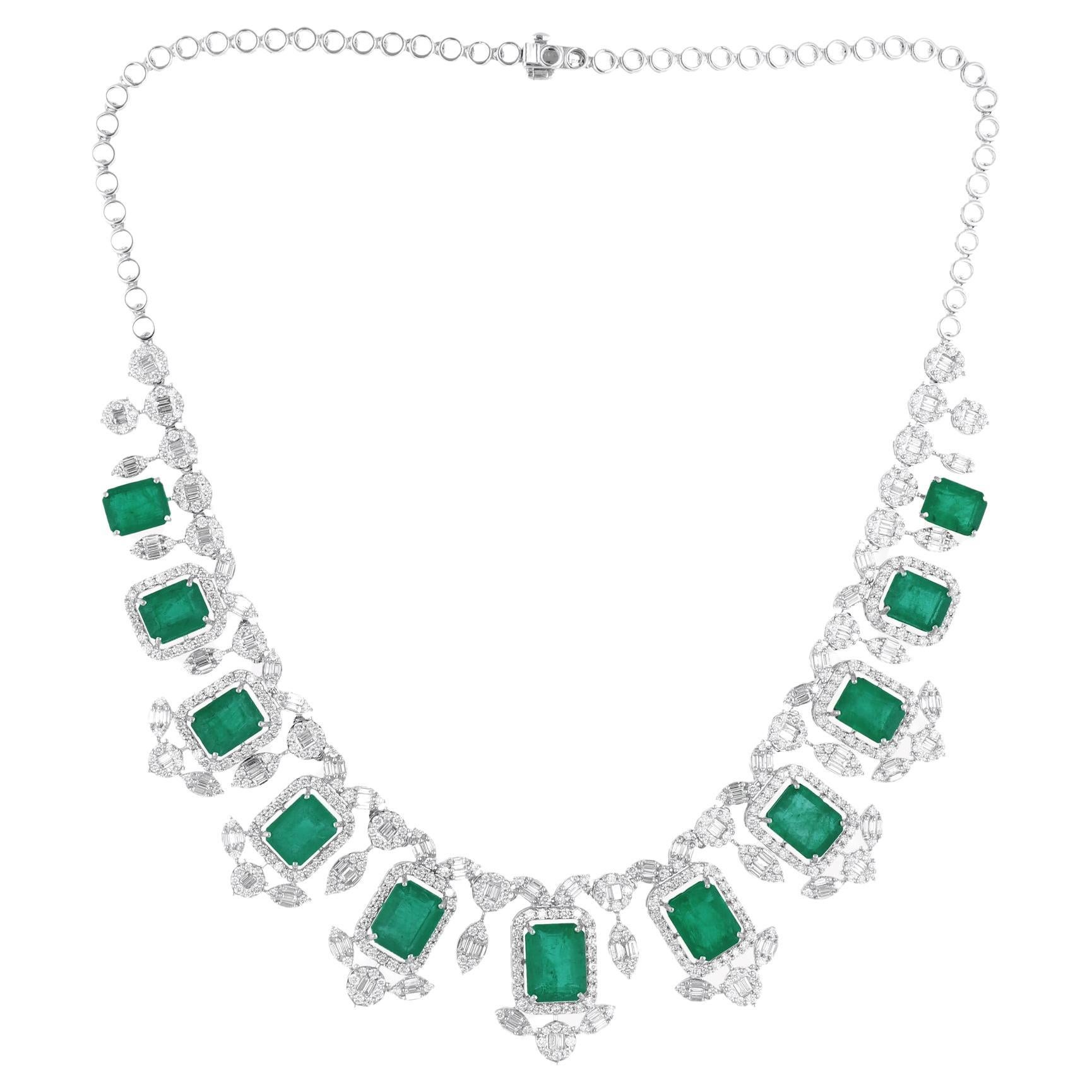 Zambian Emerald Gemstone Necklace Baguette Diamond 18 Karat White Gold Jewelry