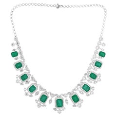 Zambian Emerald Gemstone Necklace Baguette Diamond 18 Karat White Gold Jewelry