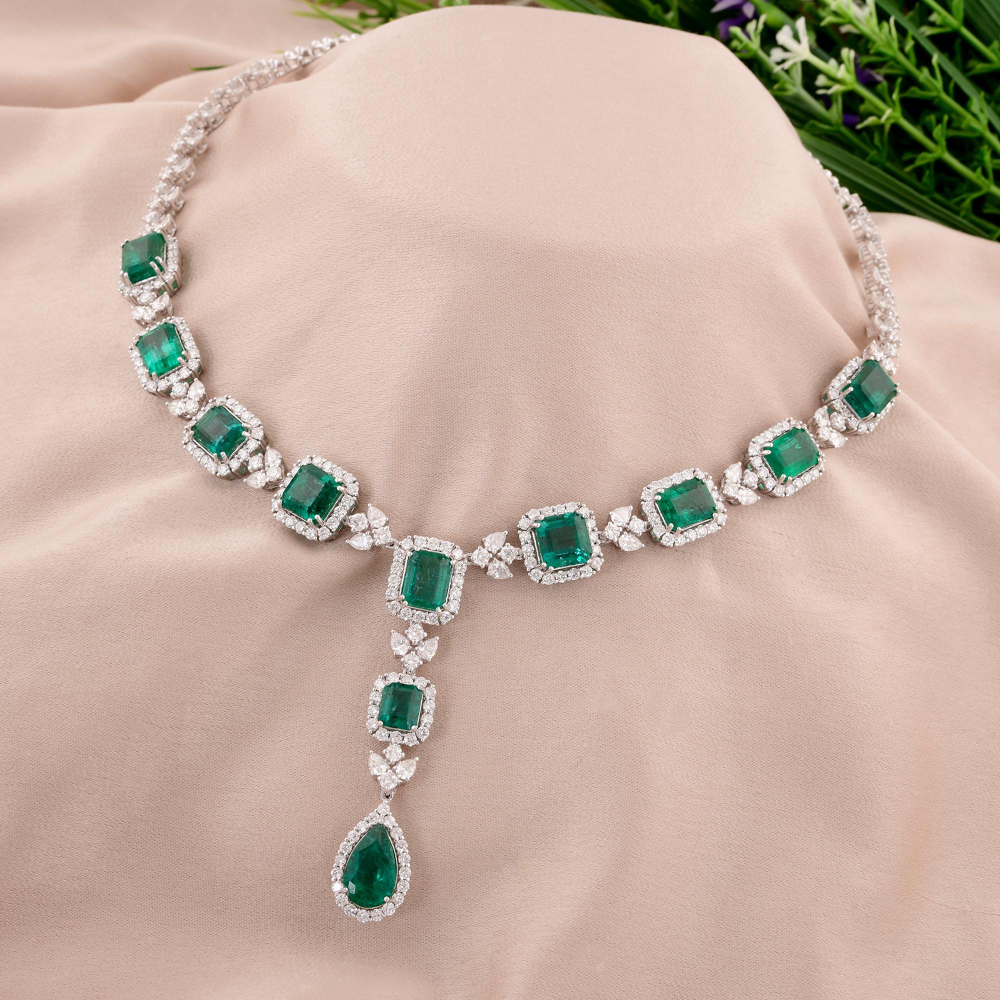 Modern Zambian Emerald Gemstone Necklace Diamond 14 Karat White Gold Handmade Jewelry For Sale