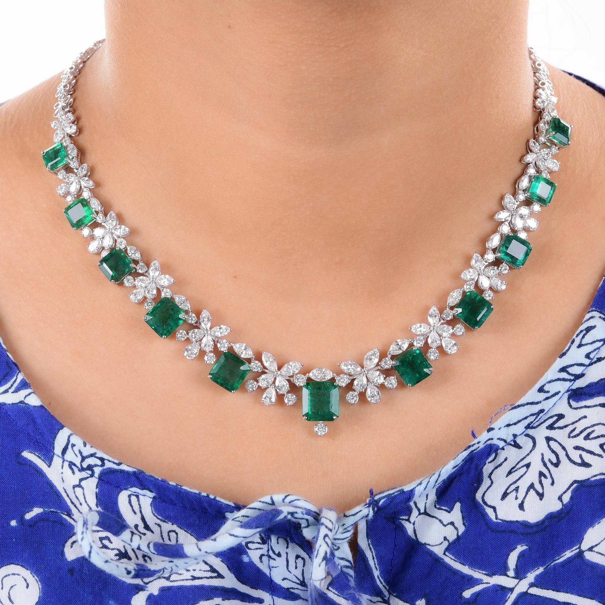 Modern Zambian Emerald Gemstone Necklace Diamond 14 Karat White Gold Handmade Jewelry For Sale